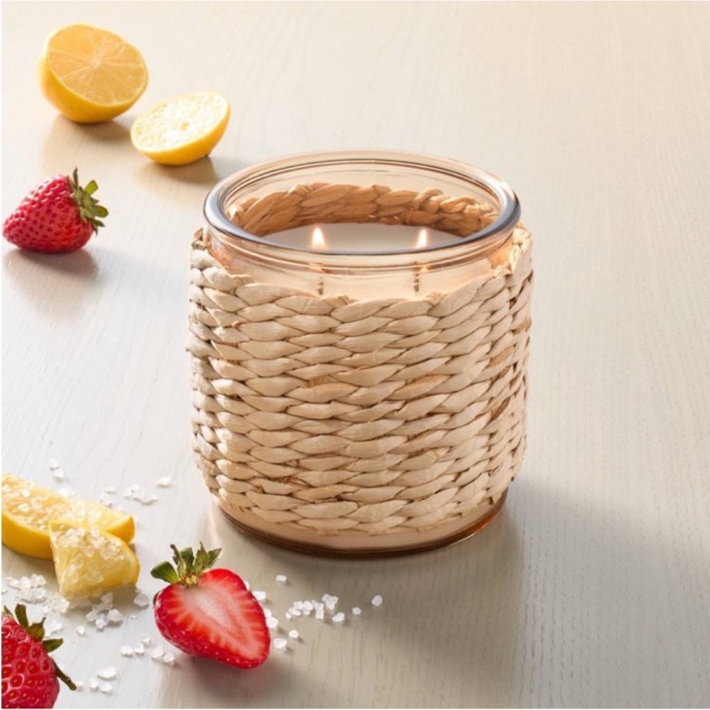 2-Wick Tinted Glass Berry Leaf and Lemon Rattan Wrapped Jar Candle Hearth & Hand